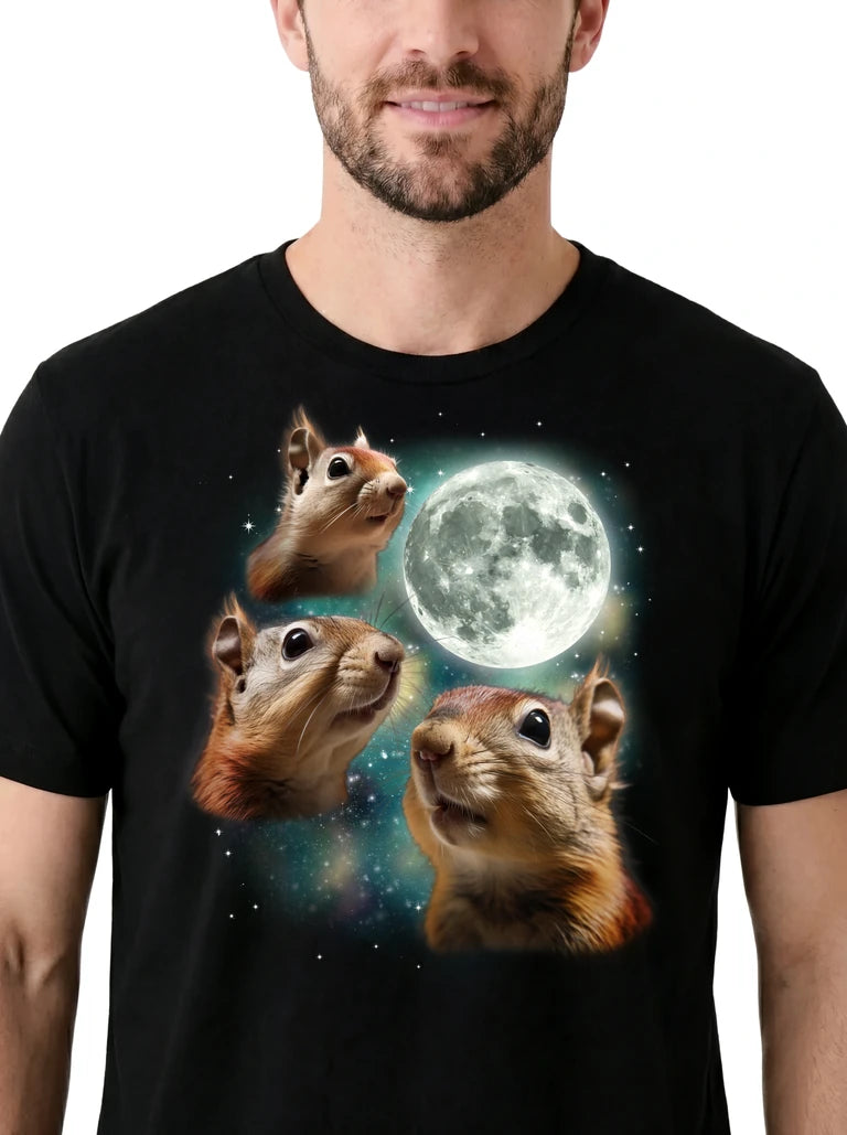 MagicMoon Three Squirrel Moon on model, design detail view, Funny Animal Shirt