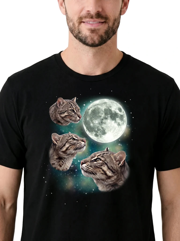 MagicMoon Three Fishing Cat Moon on model, design detail view, Funny Animal Shirt