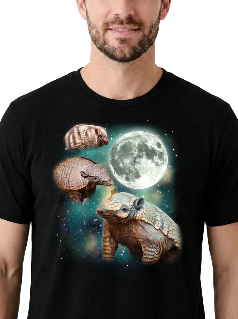 MagicMoon Three Armadillo Moon on model, design detail view, Funny Animal Shirt
