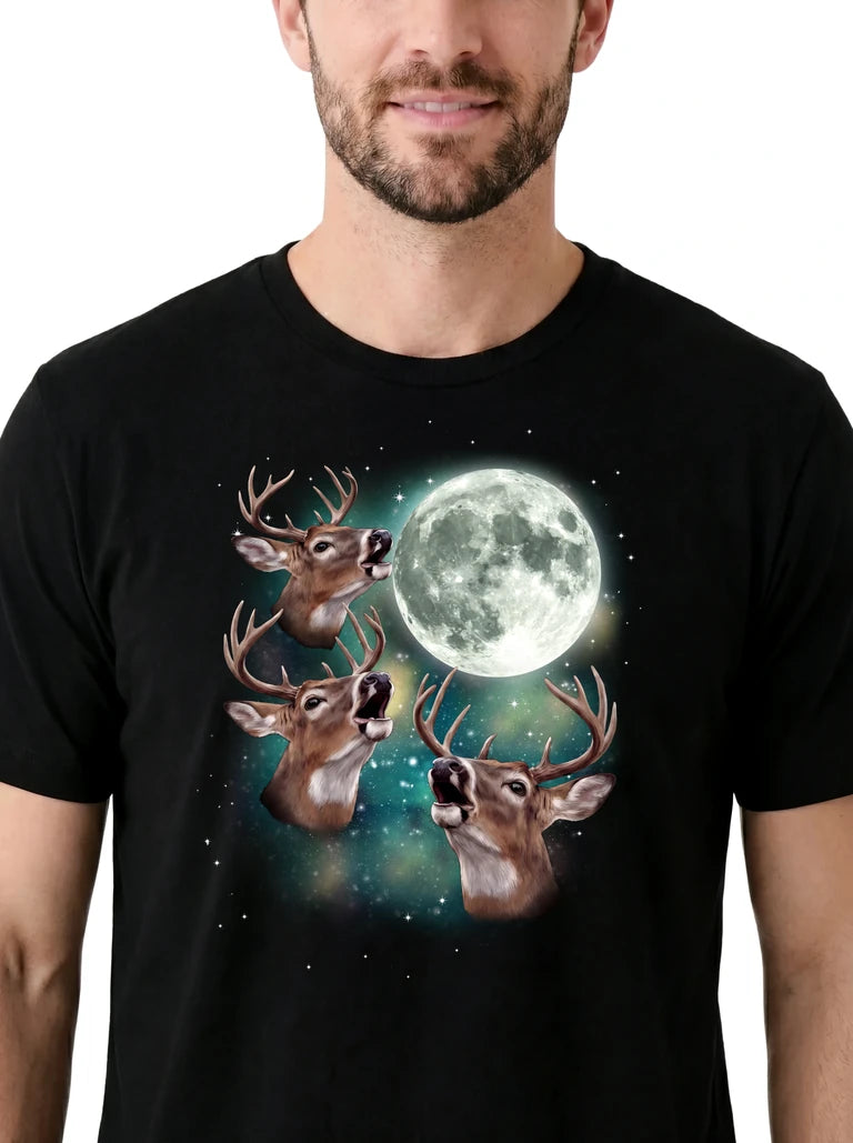 MagicMoon Three Deer Moon on model, design detail view, Funny Animal Shirt