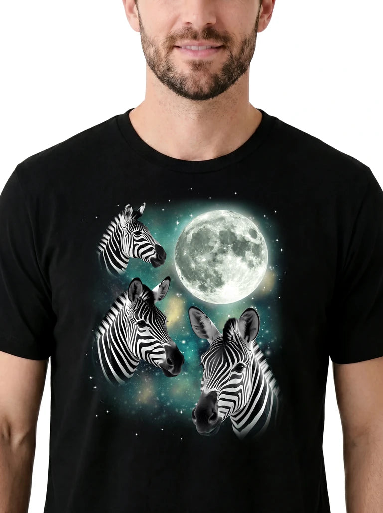 MagicMoon Three Zebra Moon on model, design detail view, Funny Animal Shirt