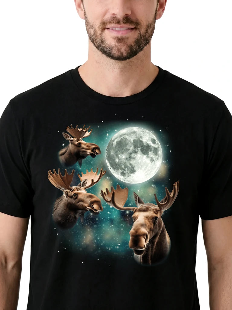MagicMoon Three Moose Moon on model, design detail view, Funny Animal Shirt
