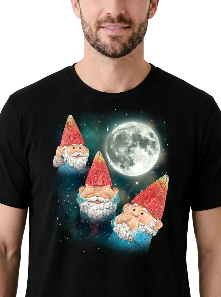 MagicMoon Three Gnome Moon on model, design detail view, Funny Novelty Shirt