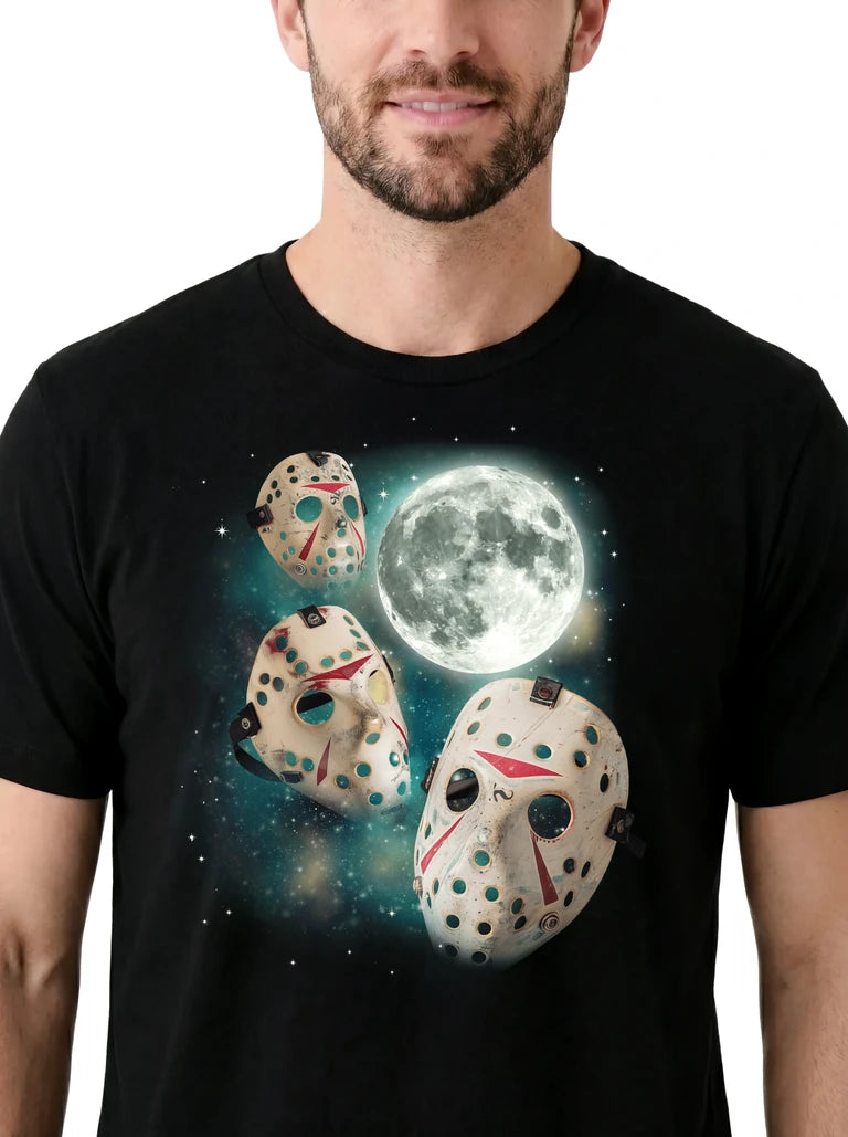 MagicMoon Three Hockey Mask Moon on model, design detail view, Halloween Costume Shirt