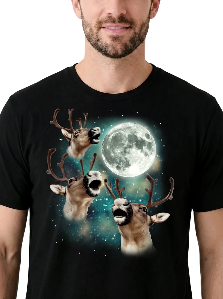 MagicMoon Three Reindeer Moon on model, design detail view, Christmas Gift Shirt
