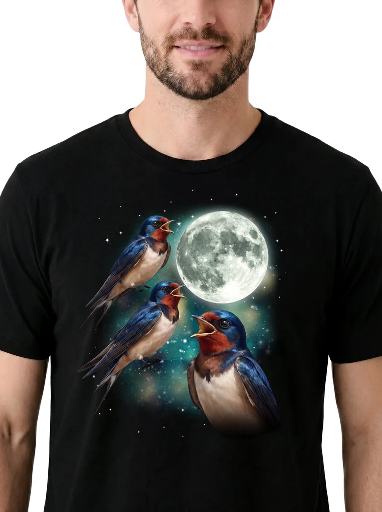 MagicMoon Three Swallow Moon on model, design detail view, Funny Animal Shirt