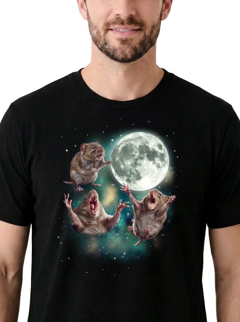 MagicMoon Three Vole Moon on model, design detail view, Funny Animal Shirt