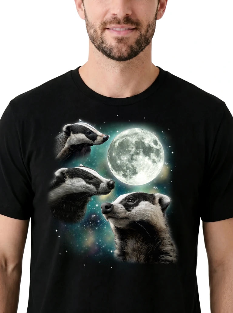 MagicMoon Three Badger Moon on model, design detail view, Funny Animal Shirt