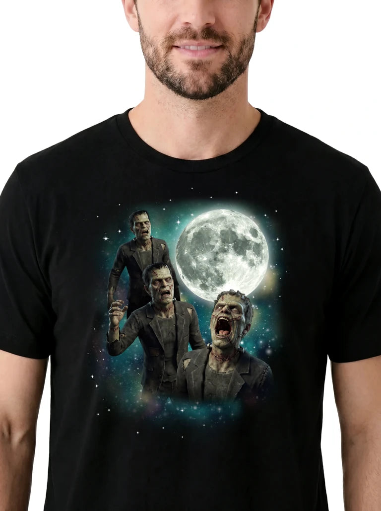 MagicMoon Three Frankenstein Moon on model, design detail view, Halloween Costume Shirt