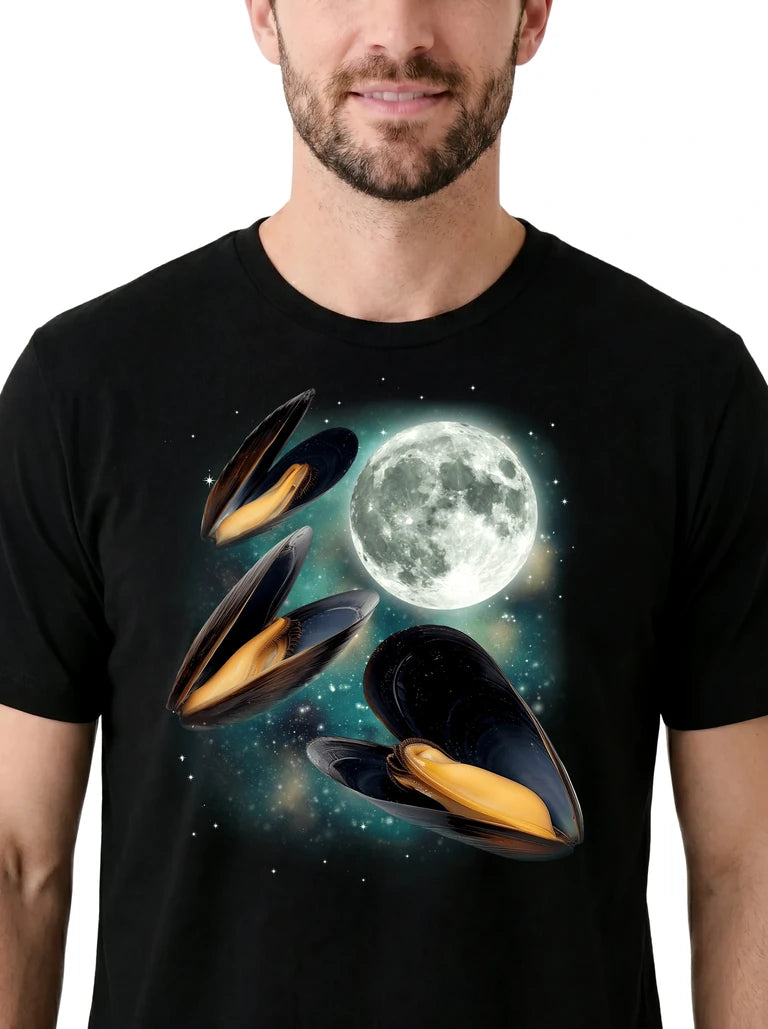 MagicMoon Three Mussels Moon on model, design detail view, Funny Animal Shirt