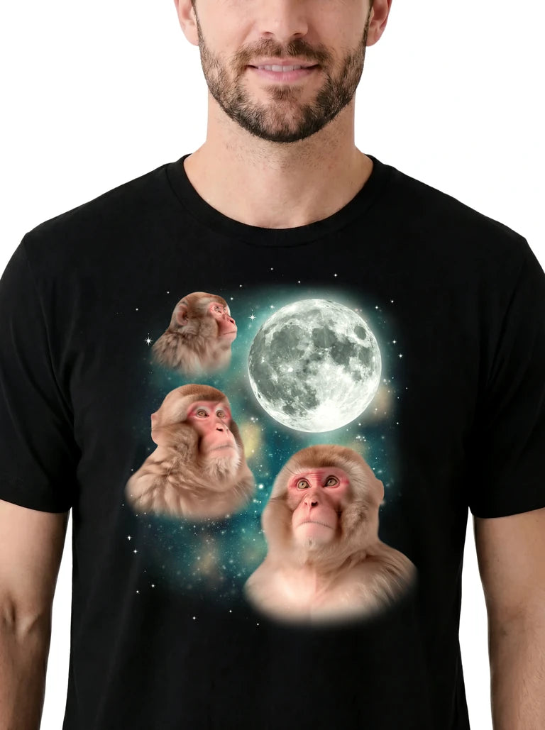 MagicMoon Three Macaque Moon on model, design detail view, Funny Animal Shirt