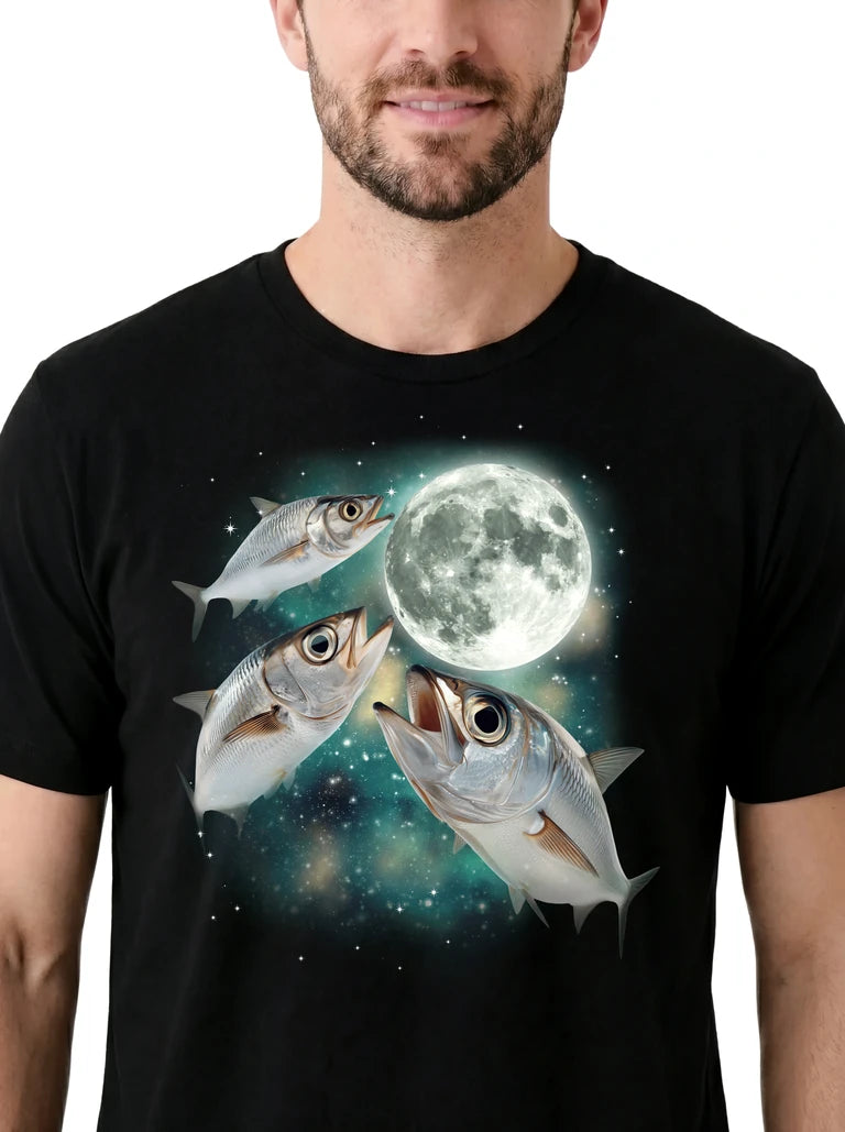 MagicMoon Three Sardine Moon on model, design detail view, Funny Animal Shirt