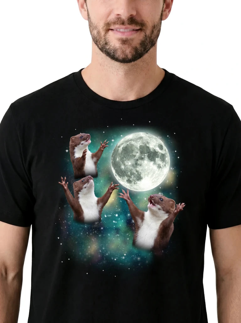 MagicMoon Three Weasel Moon on model, design detail view, Funny Animal Shirt
