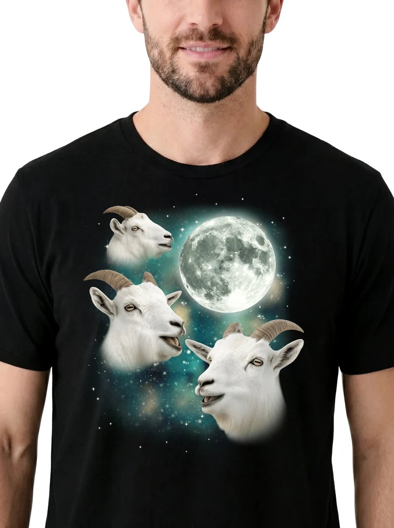 MagicMoon Three Mountain Goat Moon on model, design detail view, Funny Animal Shirt