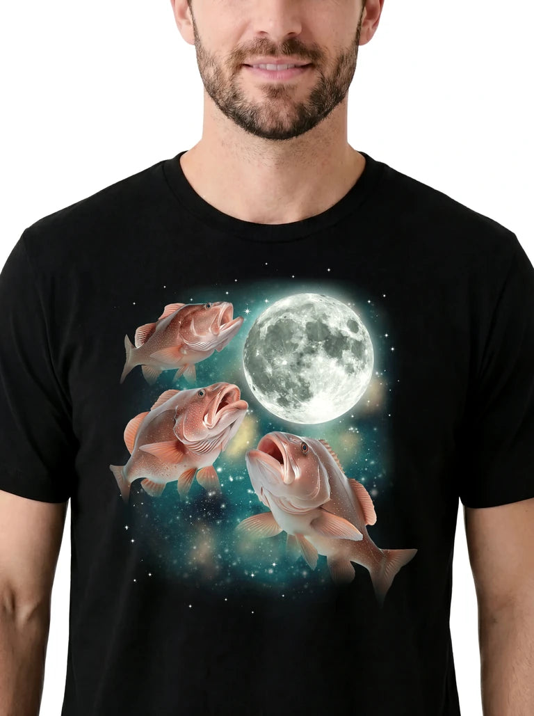 MagicMoon Three Grouper Moon on model, design detail view, Funny Animal Shirt