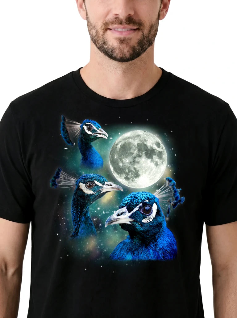 MagicMoon Three Peacock Moon on model, design detail view, Funny Animal Shirt