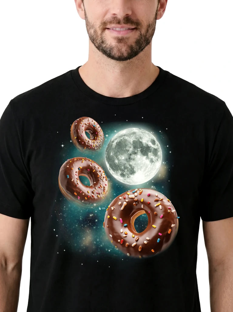 MagicMoon Three Donut Moon on model, design detail view, Funny Food Shirt