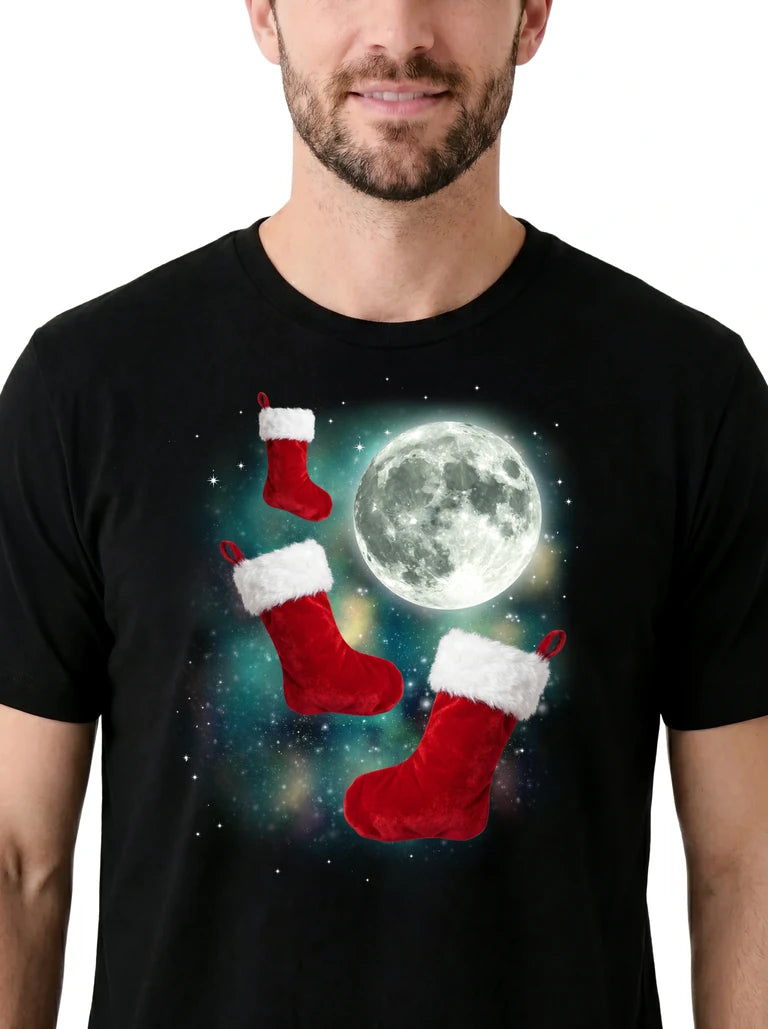 MagicMoon Three Christmas Stocking Moon on model, design detail view, Christmas Gift Shirt