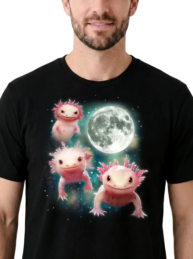 MagicMoon Three Axolotl Moon on model, design detail view, Funny Animal Shirt