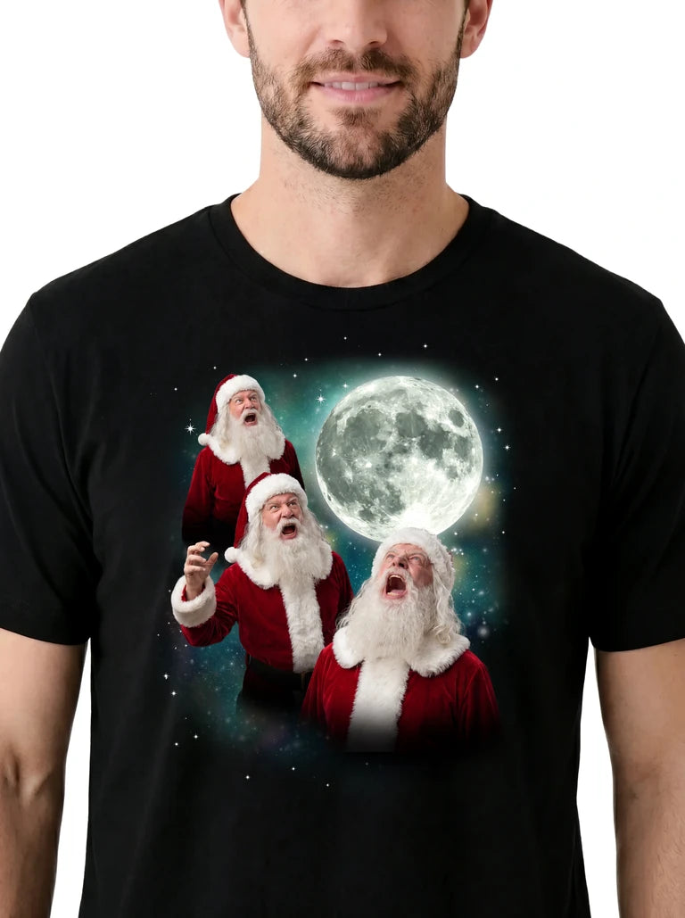 MagicMoon Three Santa Claus Moon on model, design detail view, Christmas Gift Shirt