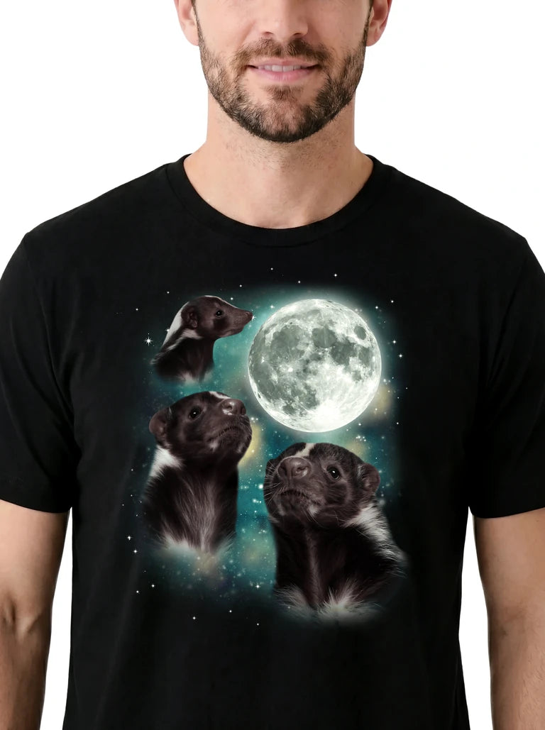 MagicMoon Three Skunk Moon on model, design detail view, Funny Animal Shirt