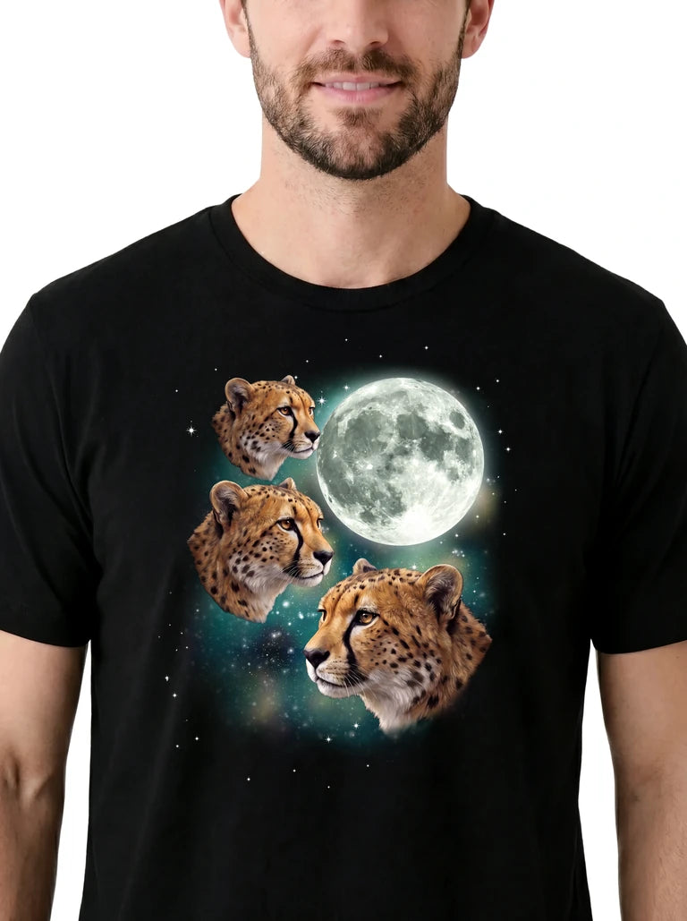 MagicMoon Three Cheetah Moon on model, design detail view, Funny Animal Shirt