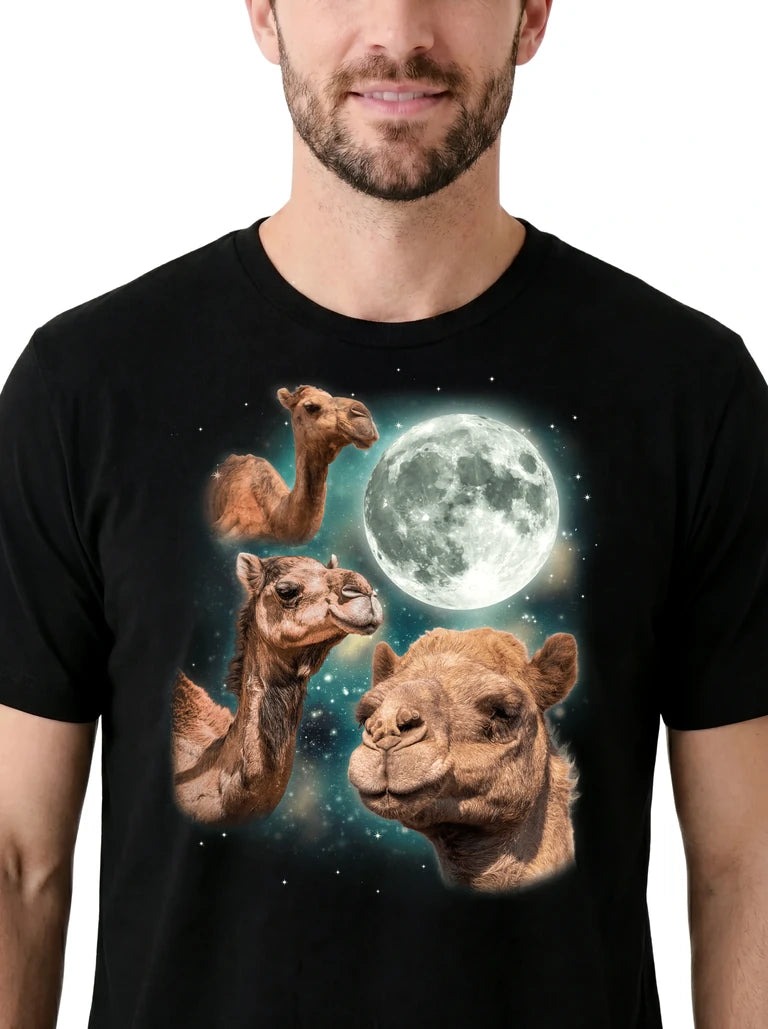 MagicMoon Three Camel Moon on model, design detail view, Funny Animal Shirt