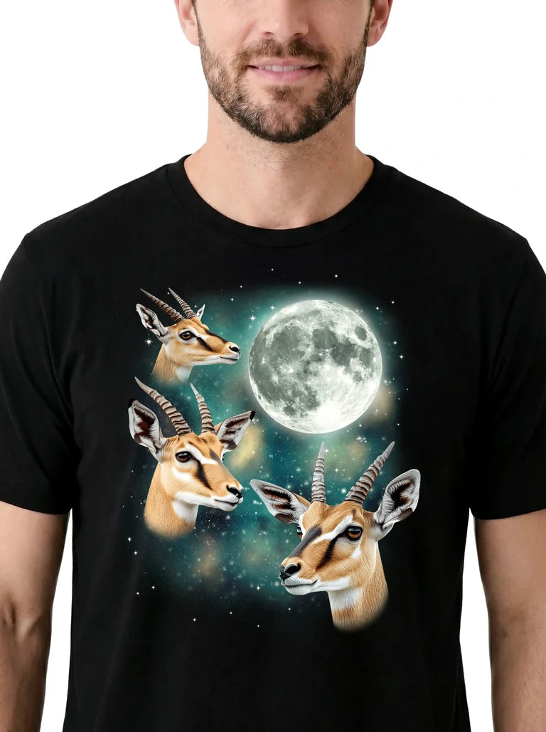 MagicMoon Three Gazelle Moon on model, design detail view, Funny Animal Shirt