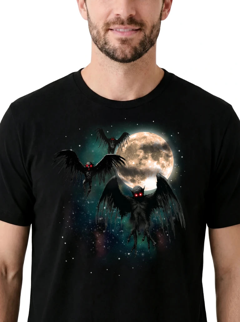 MagicMoon Three Mothman Moon on model, design detail view, Funny Novelty Shirt