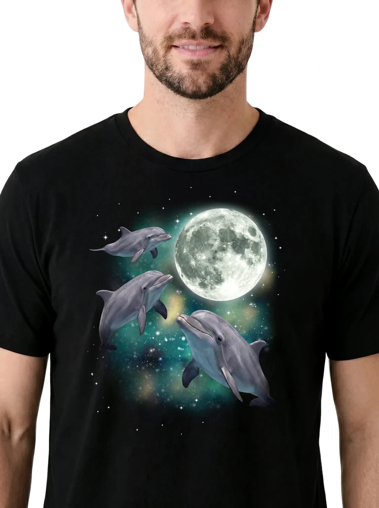 MagicMoon Three Dolphin Moon on model, design detail view, Funny Animal Shirt