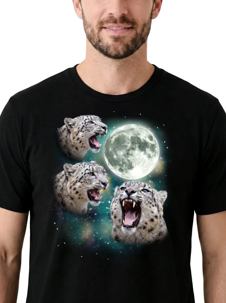 MagicMoon Three Snow Leopard Moon on model, design detail view, Funny Animal Shirt