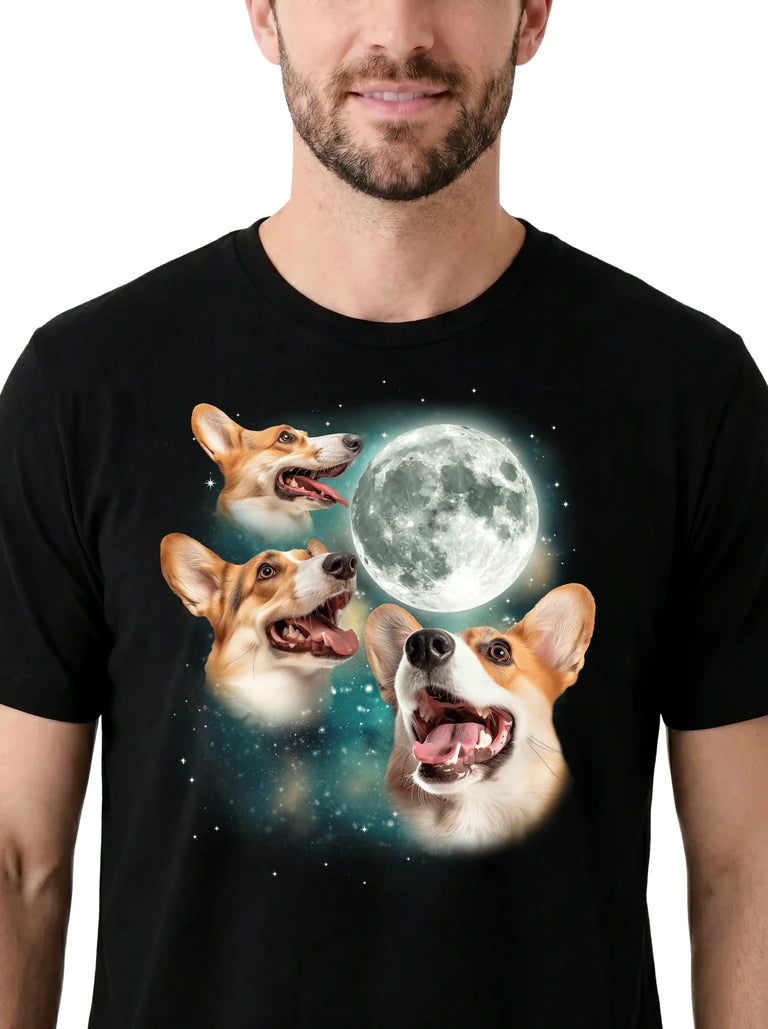 MagicMoon Three Corgi Moon on model, design detail view, Funny Animal Shirt