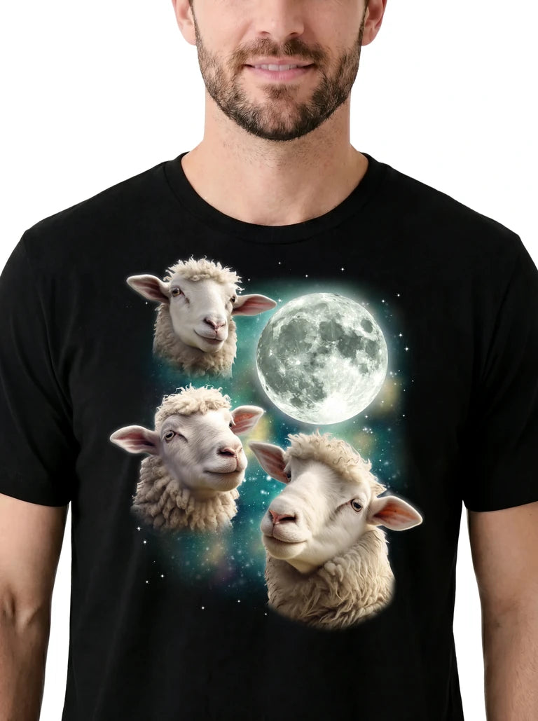 MagicMoon Three Sheep Moon on model, design detail view, Funny Animal Shirt