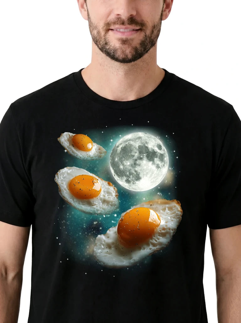 MagicMoon Three Fried Eggs Moon on model, design detail view, Funny Food Shirt