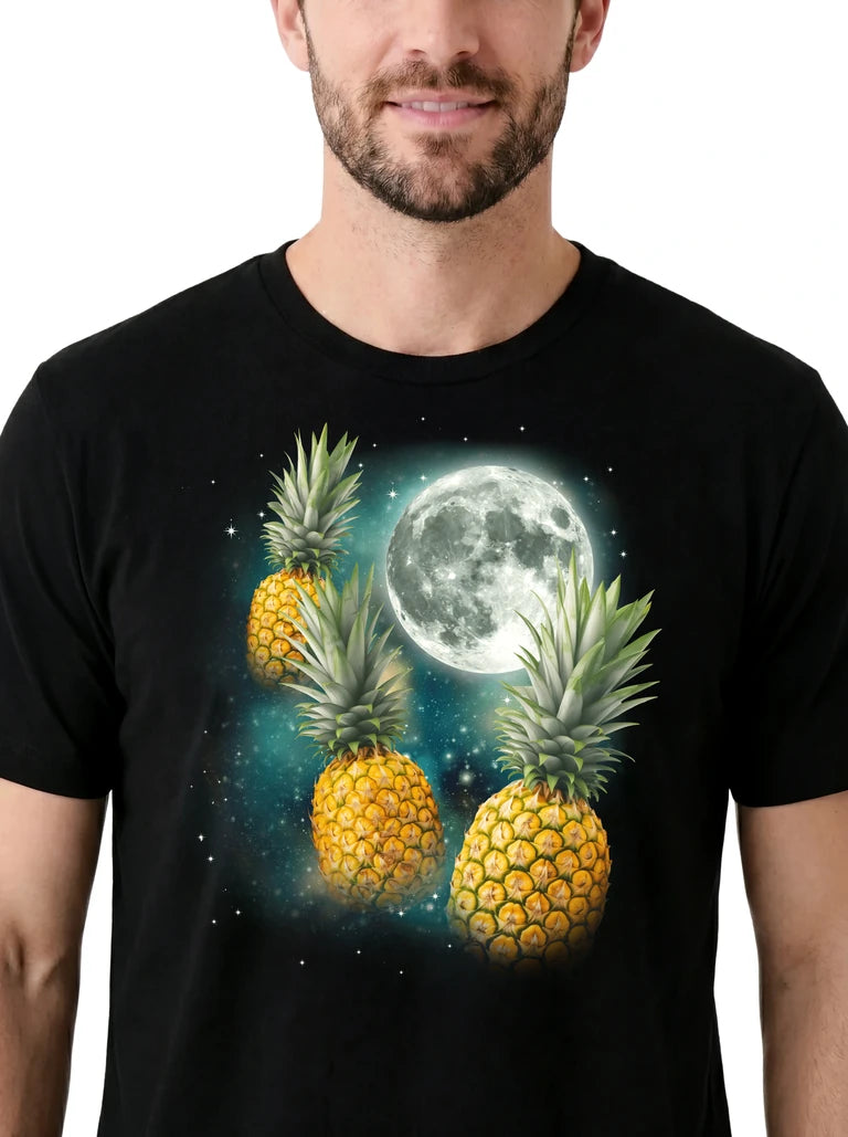MagicMoon Three Pineapple Moon on model, design detail view, Funny Food Shirt