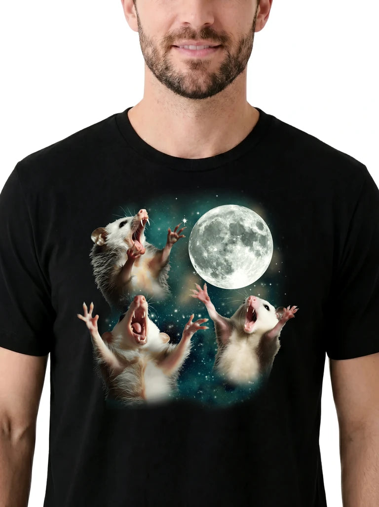 MagicMoon Three Opossum Moon on model, design detail view, Funny Animal Shirt