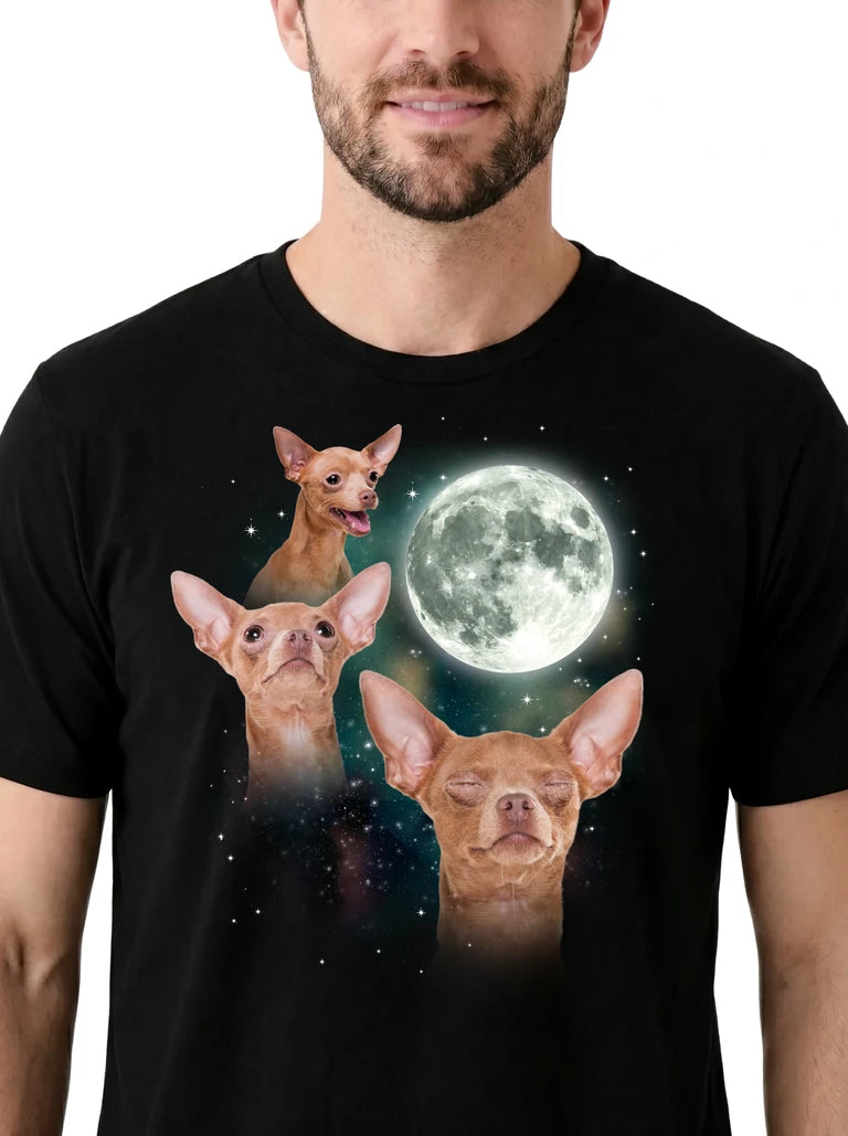 MagicMoon Three Chihuahua Moon on model, design detail view, Funny Animal Shirt