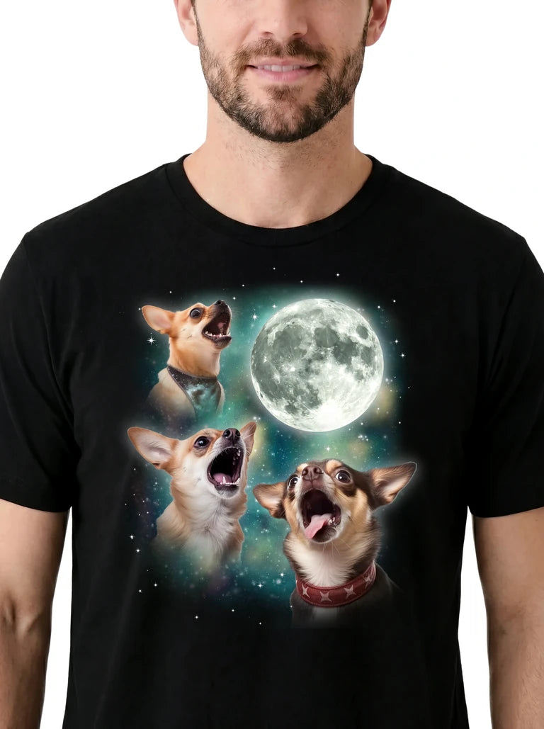 MagicMoon Three Chihuahua 2 Moon on model, design detail view, Funny Animal Shirt