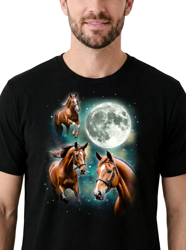 MagicMoon Three Horse Moon on model, design detail view, Funny Animal Shirt