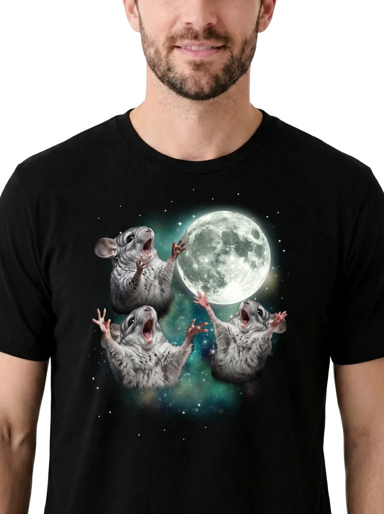 MagicMoon Three Chinchilla Moon on model, design detail view, Funny Animal Shirt
