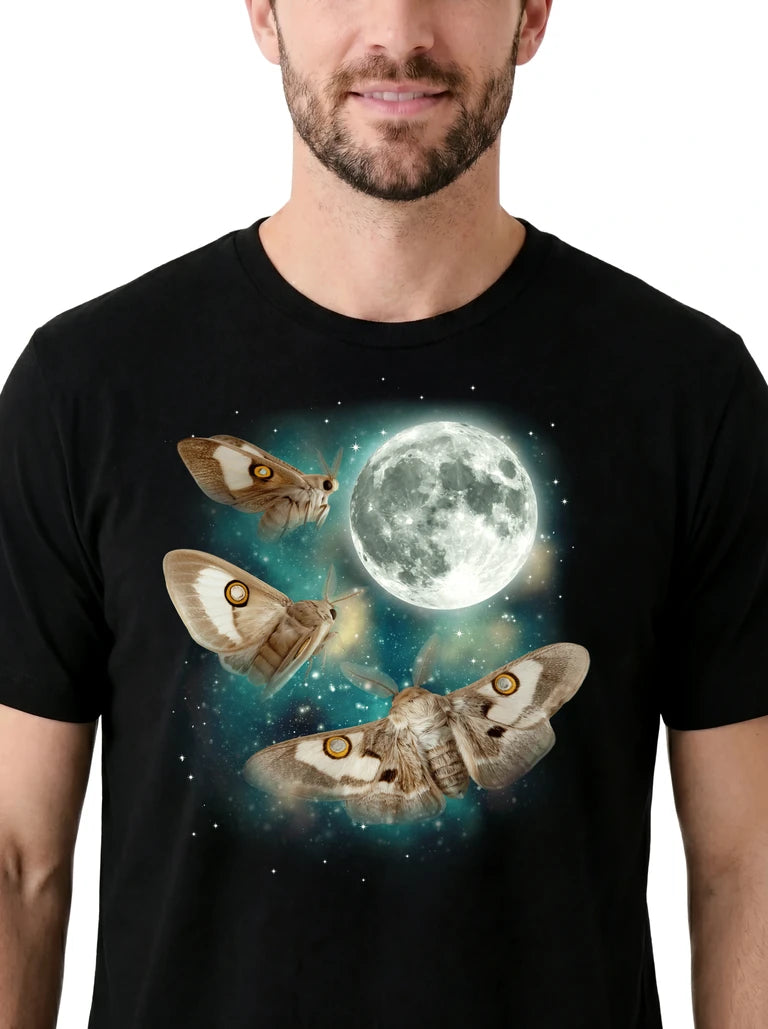 MagicMoon Three Moth Moon on model, design detail view, Funny Animal Shirt