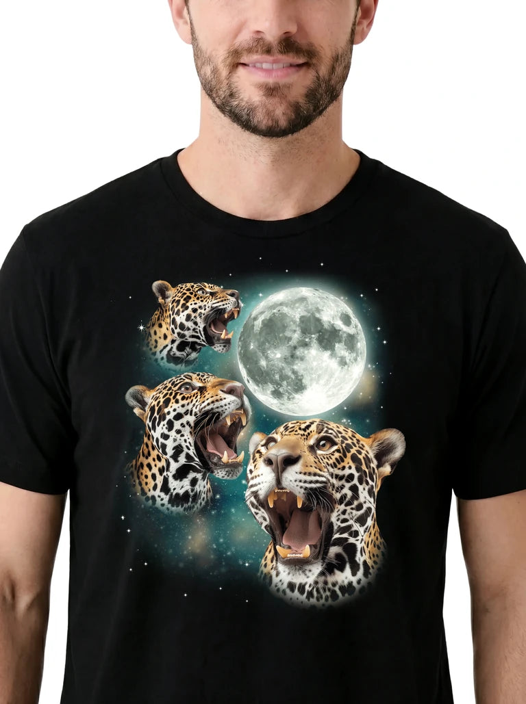 MagicMoon Three Jaguar Moon on model, design detail view, Funny Animal Shirt
