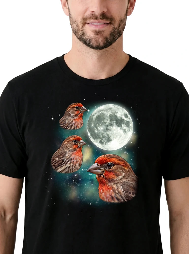 MagicMoon Three Finch Moon on model, design detail view, Funny Animal Shirt