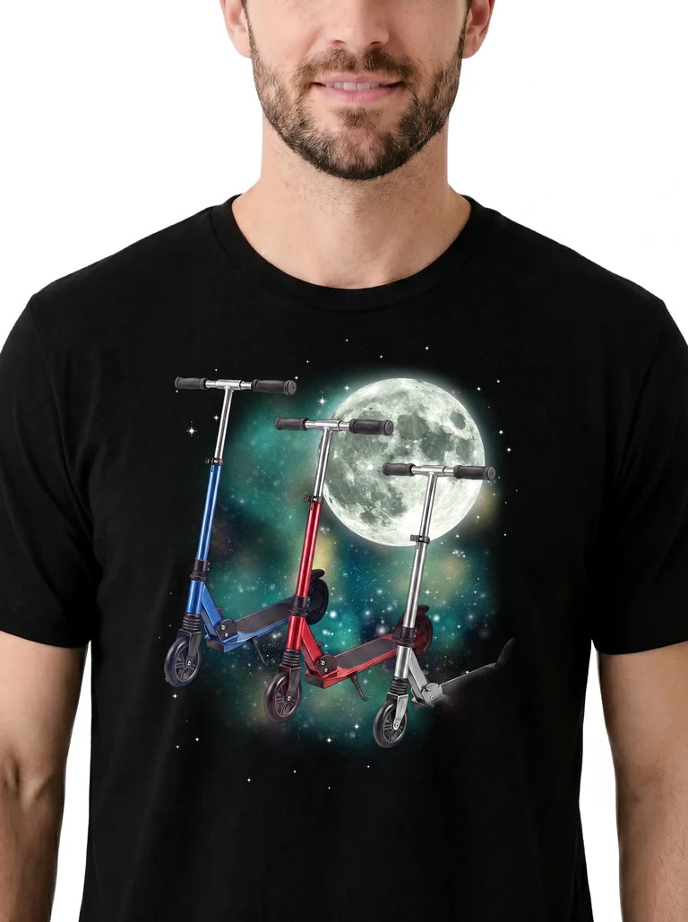 MagicMoon Three Scooter Moon on model, design detail view, Funny Novelty Shirt