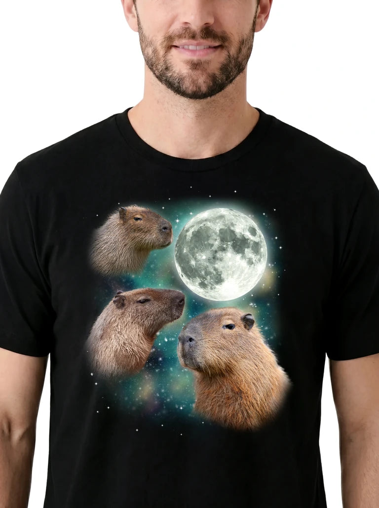MagicMoon Three Capybara Moon on model, design detail view, Funny Animal Shirt