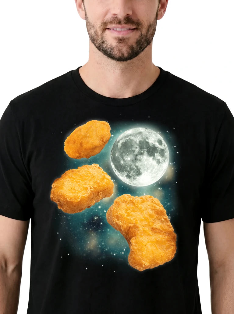MagicMoon Three Chicken Nugget Moon on model, design detail view, Funny Food Shirt