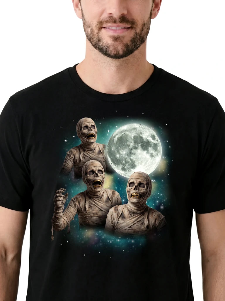 MagicMoon Three Mummy Moon on model, design detail view, Halloween Costume Shirt