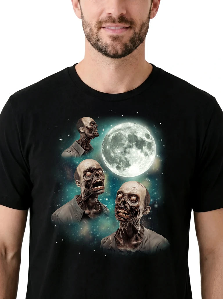 MagicMoon Three Zombie Moon on model, design detail view, Halloween Costume Shirt