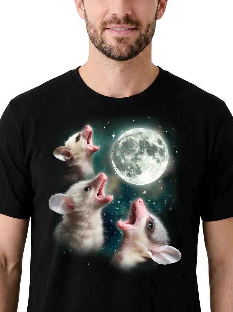 MagicMoon Three Baby Possum Moon on model, design detail view, Funny Animal Shirt