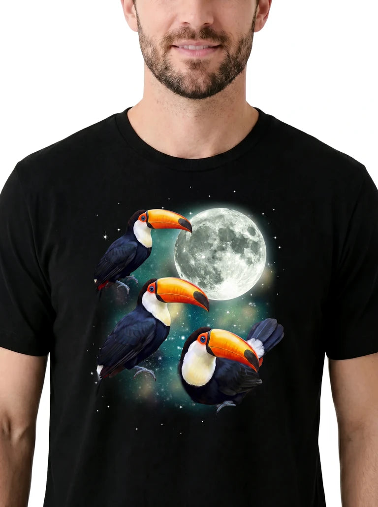 MagicMoon Three Toucan Moon on model, design detail view, Funny Animal Shirt